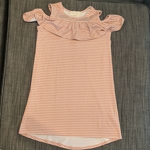 Dusty pink striped dress with cold shoulder